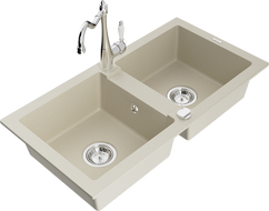 Mexen Mario Granitspüle 2-Kammer mit Küchenarmatur Carla, beige - 6504-69-670700-00