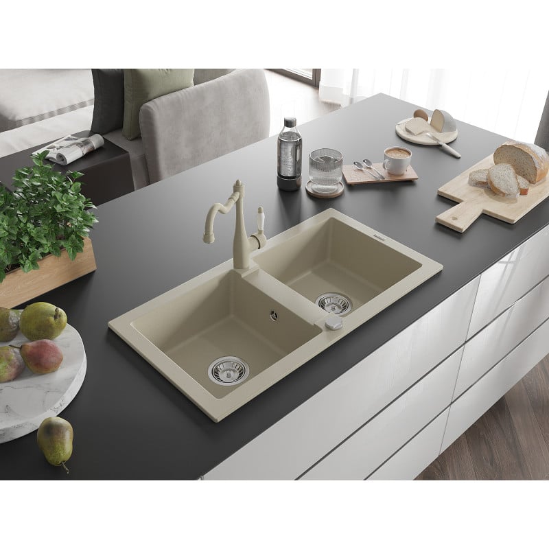 Mexen Mario Granitspüle 2-Kammer mit Küchenarmatur Carla, beige - 6504-69-670700-69
