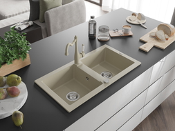 Mexen Mario granitspüle 2-becken mit küchenarmatur Carla, beige - 6504-69-670700-69