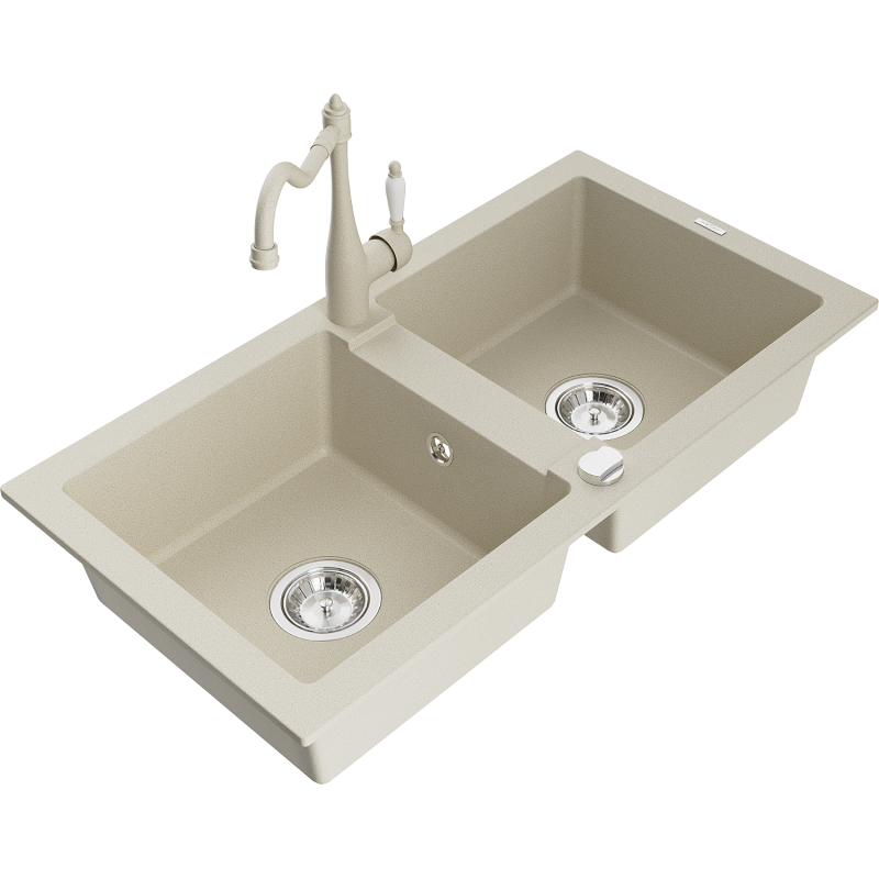 Mexen Mario Granitspüle 2-becken mit Küchenarmatur Carla, beige - 6504-69-670700-69