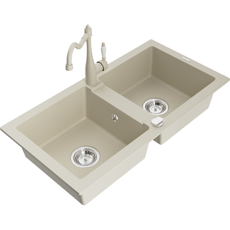 Mexen Mario Granitspüle 2-Kammer mit Küchenarmatur Carla, beige - 6504-69-670700-69