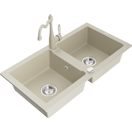 Mexen Mario Granitspüle 2-becken mit Küchenarmatur Carla, beige - 6504-69-670700-69