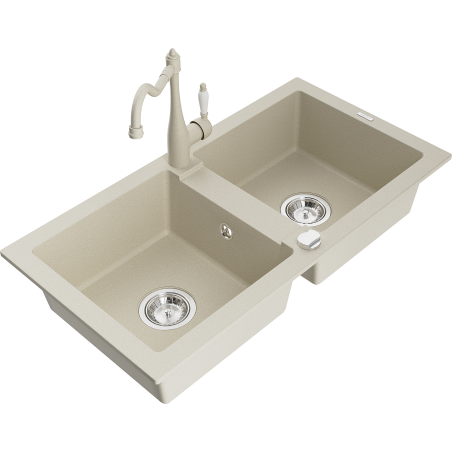 Mexen Mario Granitspüle 2-Kammer mit Küchenarmatur Carla, beige - 6504-69-670700-69