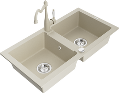 Mexen Mario Granitspüle 2-Kammer mit Küchenarmatur Carla, beige - 6504-69-670700-69