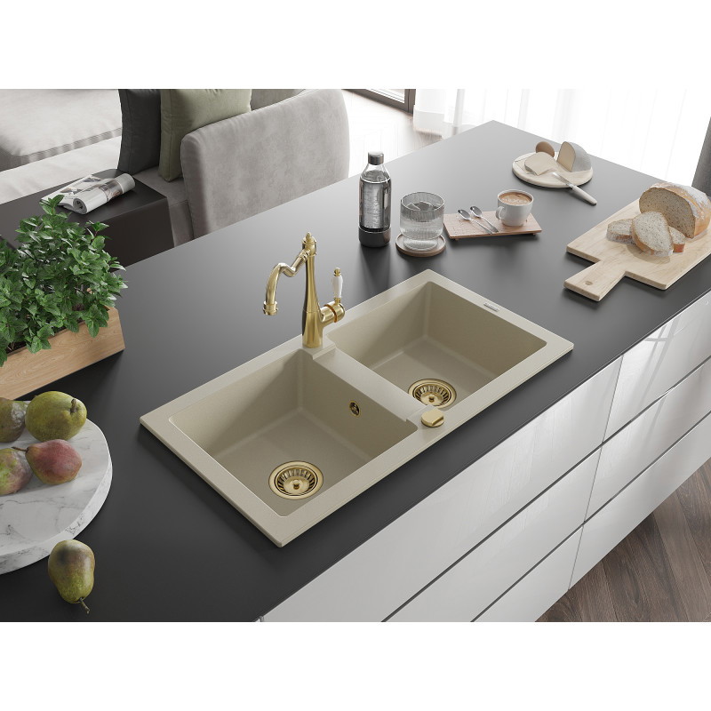 Mexen Mario granitspüle 2-becken mit küchenarmatur Carla, beige - 6504-69-670700-50