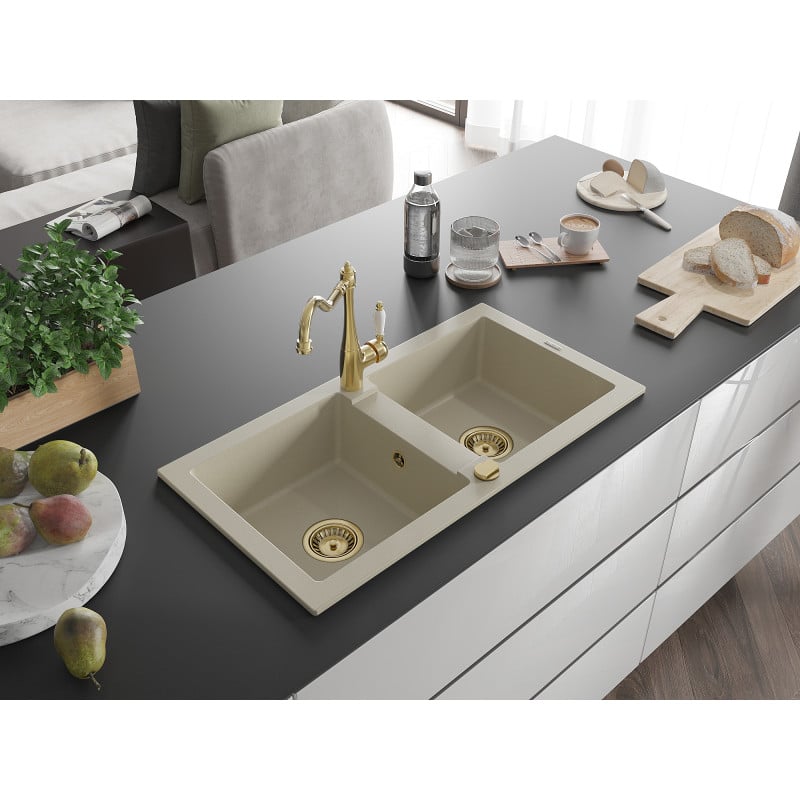 Mexen Mario Granitspüle 2-Kammer mit Küchenarmatur Carla, beige - 6504-69-670700-50