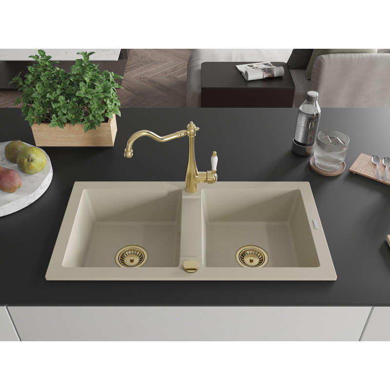 Mexen Mario granitspüle 2-becken mit küchenarmatur Carla, beige - 6504-69-670700-50