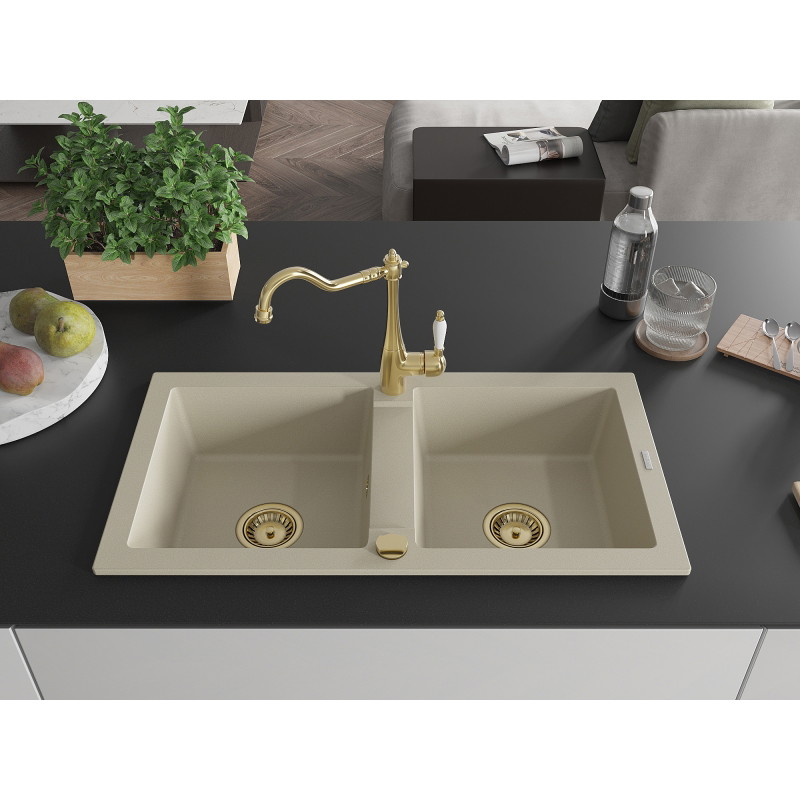 Mexen Mario Granitspüle 2-Kammern mit Küchenarmatur Carla, beige - 6504-69-670700-50