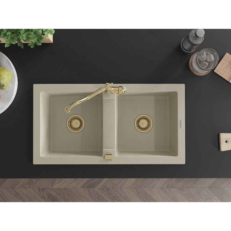 Mexen Mario granitspüle 2-becken mit küchenarmatur Carla, beige - 6504-69-670700-50