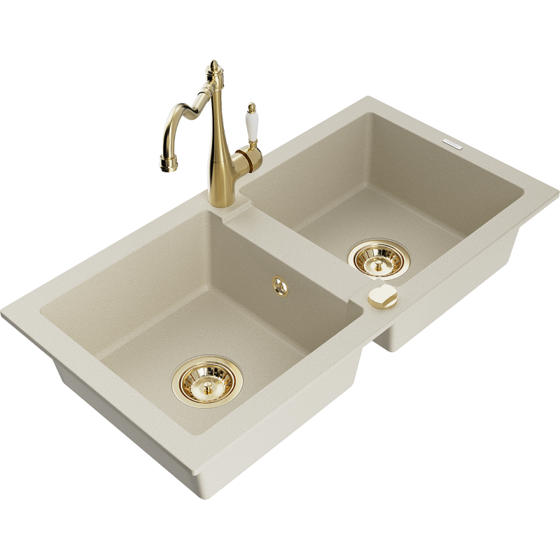 Mexen Mario Granitspüle 2-Kammer mit Küchenarmatur Carla, beige - 6504-69-670700-50