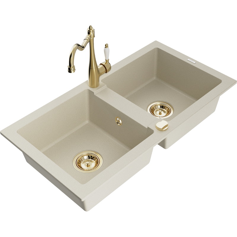 Mexen Mario Granitspüle 2-Kammern mit Küchenarmatur Carla, beige - 6504-69-670700-50