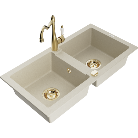 Mexen Mario granitspüle 2-becken mit küchenarmatur Carla, beige - 6504-69-670700-50