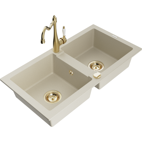 Mexen Mario Granitspüle 2-Kammer mit Küchenarmatur Carla, beige - 6504-69-670700-50
