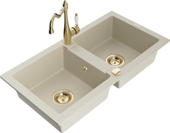 Mexen Mario Granitspüle 2-Kammer mit Küchenarmatur Carla, beige - 6504-69-670700-50