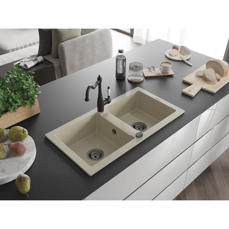 Mexen Mario Granitspüle 2-Kammer mit Küchenarmatur Carla, beige - 6504-69-670700-70