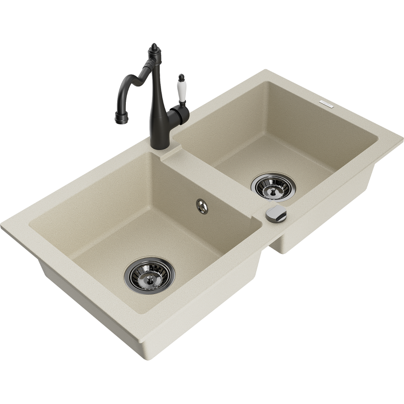 Mexen Mario Granitspüle 2-Becken mit Küchenarmatur Carla, beige - 6504-69-670700-70