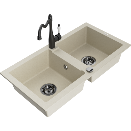 Mexen Mario Granitspüle 2-Kammer mit Küchenarmatur Carla, beige - 6504-69-670700-70