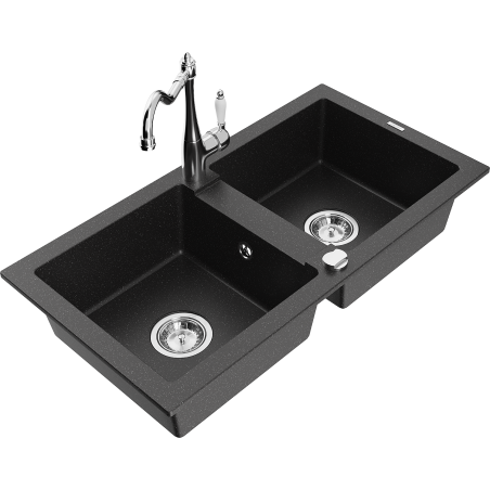 Mexen Mario Granit-Spüle 2-Kammer mit Küchenarmatur Carla, schwarz/silber metallic - 6504-73-670700-00