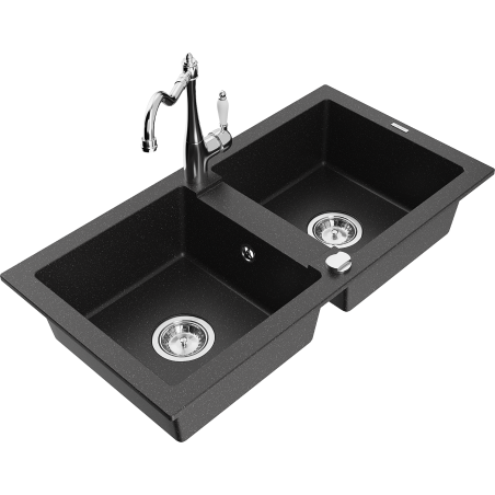 Mexen Mario Granitspüle 2-Kammer mit Küchenarmatur Carla, schwarz/silber metallic - 6504-73-670700-00