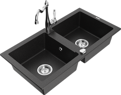 Mexen Mario Granitspüle 2-Kammer mit Küchenarmatur Carla, schwarz/silber-metallic - 6504-73-670700-00