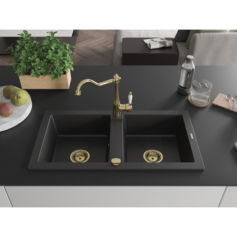 Mexen Mario Granitspüle 2-beckig mit Küchenarmatur Carla, schwarz/silber Metallic - 6504-73-670700-50