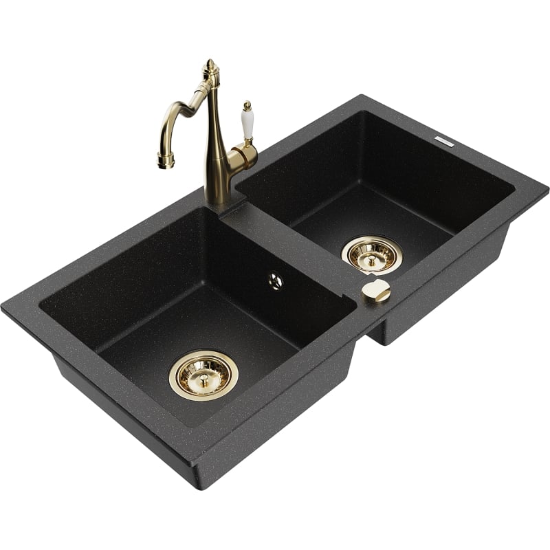 Mexen Mario Granitspüle 2-Kammer mit Küchenarmatur Carla, schwarz/silber Metallic - 6504-73-670700-50