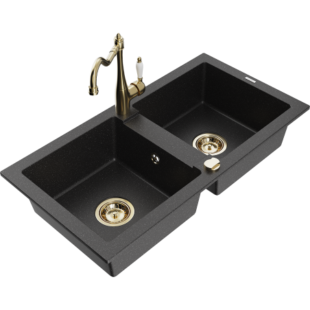 Mexen Mario Granitspülbecken mit 2 Kammern und Küchenarmatur Carla, schwarz/silber metallic - 6504-73-670700-50