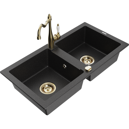 Mexen Mario Granitspüle 2-beckig mit Küchenarmatur Carla, schwarz/silber Metallic - 6504-73-670700-50