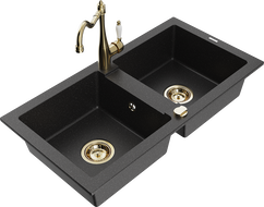 Mexen Mario Granitspüle 2-Kammer mit Küchenarmatur Carla, schwarz/silber Metallic - 6504-73-670700-50