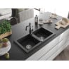 Mexen Mario Granitspüle 2-fach mit Küchenarmatur Carla, schwarz/silber metallic - 6504-73-670700-70
