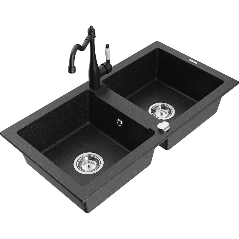 Mexen Mario 2-Schüssel-Einbauspüle aus Granit mit Küchenarmatur Carla, schwarz/silber metallic - 6504-73-670700-70