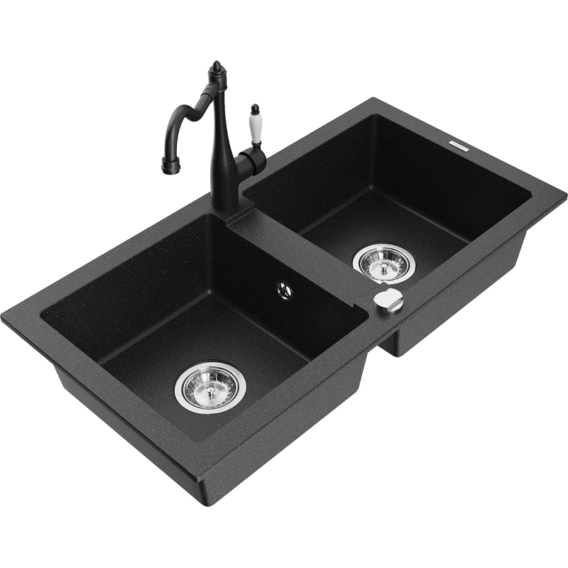 Mexen Mario Granitspüle 2-fach mit Küchenarmatur Carla, schwarz/silber metallic - 6504-73-670700-70