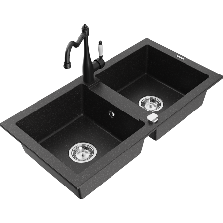 Mexen Mario Granitspüle 2-fach mit Küchenarmatur Carla, schwarz/silber metallic - 6504-73-670700-70