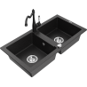 Mexen Mario 2-Schüssel-Einbauspüle aus Granit mit Küchenarmatur Carla, schwarz/silber metallic - 6504-73-670700-70