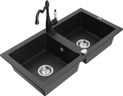 Mexen Mario 2-Schüssel-Einbauspüle aus Granit mit Küchenarmatur Carla, schwarz/silber metallic - 6504-73-670700-70