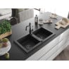 Mexen Mario Granitspüle 2-Kammern mit Küchenarmatur Carla, schwarz/silber Metallic - 6504-73-670700-70-B