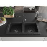 Mexen Mario Granitspüle 2-beckig mit Küchenarmatur Carla, schwarz/silber-metallic - 6504-73-670700-70-B
