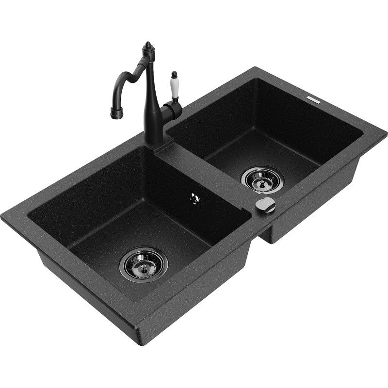 Mexen Mario Granitspüle 2-beckig mit Küchenarmatur Carla, schwarz/silber-metallic - 6504-73-670700-70-B