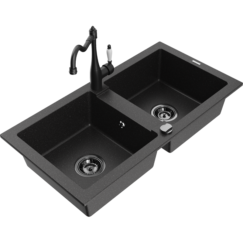 Mexen Mario Granitspüle 2-Kammern mit Küchenarmatur Carla, schwarz/silber Metallic - 6504-73-670700-70-B