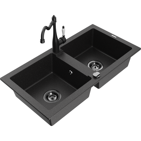Mexen Mario Granitspüle 2-beckig mit Küchenarmatur Carla, schwarz/silber-metallic - 6504-73-670700-70-B