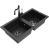 Mexen Mario Granitspüle 2-beckig mit Küchenarmatur Carla, schwarz/silber-metallic - 6504-73-670700-70-B