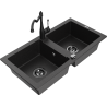 Mexen Mario Granitspüle 2-Kammern mit Küchenarmatur Carla, schwarz/silber Metallic - 6504-73-670700-70-B