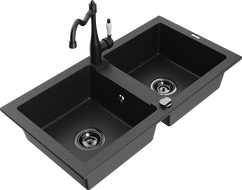 Mexen Mario Granitspüle 2-Kammern mit Küchenarmatur Carla, schwarz/silber Metallic - 6504-73-670700-70-B