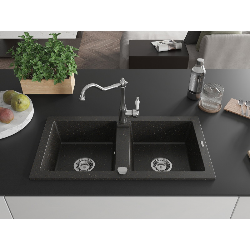 Mexen Mario granitspüle mit 2 becken mit küchenarmatur Carla, schwarz/gold metallic - 6504-75-670700-00