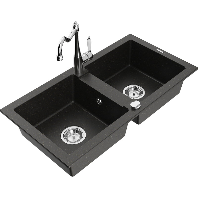 Mexen Mario granitspüle mit 2 becken mit küchenarmatur Carla, schwarz/gold metallic - 6504-75-670700-00