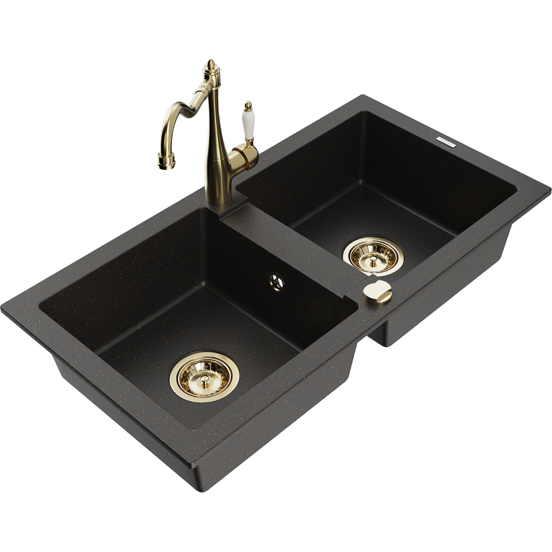 Mexen Mario Granitspüle 2-Kammer mit Küchenarmatur Carla, Schwarz/Gold Metallic - 6504-75-670700-50