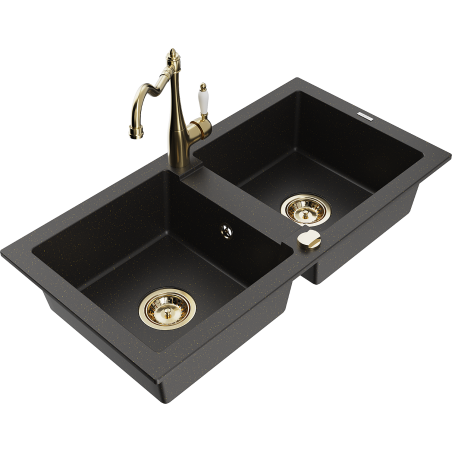 Mexen Mario Granitspüle 2-Kammer mit Küchenarmatur Carla, Schwarz/Gold Metallic - 6504-75-670700-50