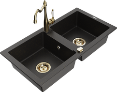 Mexen Mario Granitspüle 2-Kammer mit Küchenarmatur Carla, Schwarz/Gold Metallic - 6504-75-670700-50