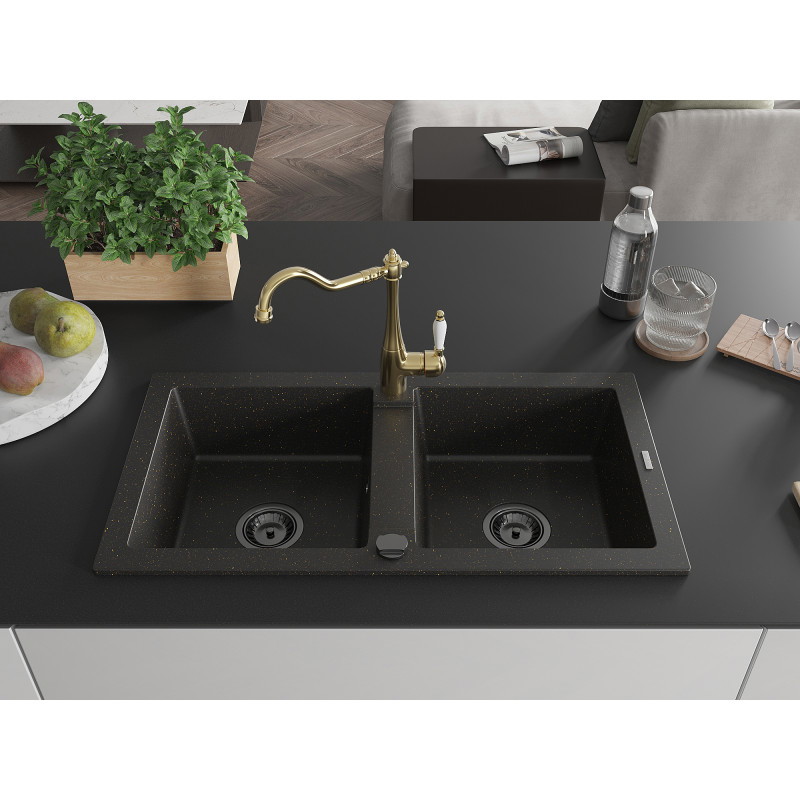 Mexen Mario Granitspüle 2-Becken mit Küchenarmatur Carla, schwarz/gold Metallic - 6504-75-670700-50-B