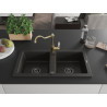 Mexen Mario Granitspüle 2-Becken mit Küchenarmatur Carla, schwarz/gold Metallic - 6504-75-670700-50-B